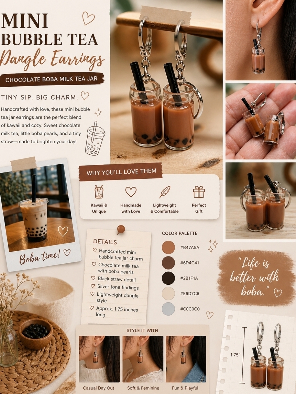 Handcrafted Mini Bubble Tea Dangle Earrings Chocolate Boba Milk Tea Jar 1.75"